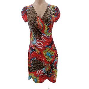 Vtg Y2K Tricotto Womens Multi Color Dress Size S Faux Wrap Ruffle Knit Bodycon